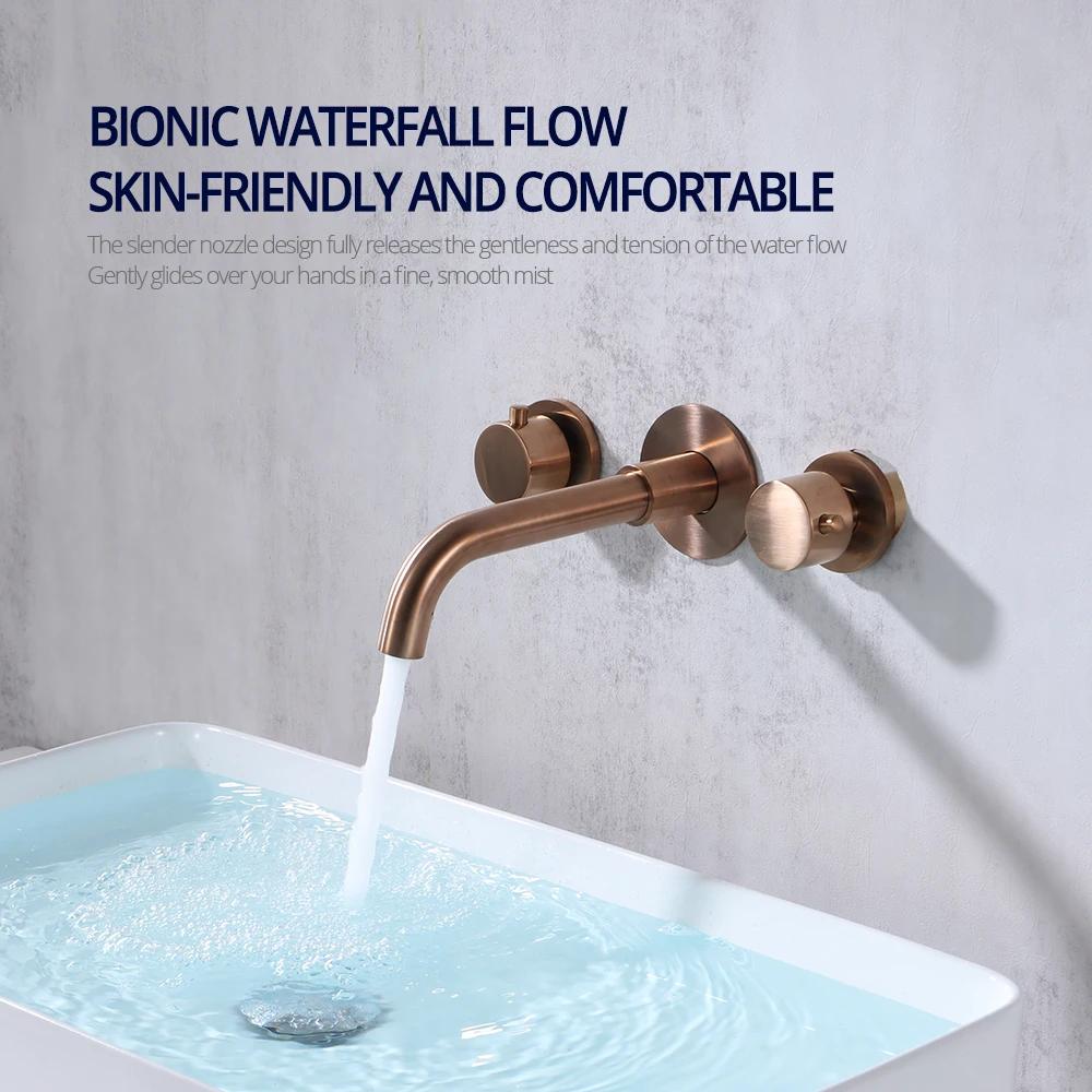 Brushed Rose Gold Basin Faucet 100% Solid Brass Sink Faucet Wall Mounted Brushed Gold Basin Mixer Hot And Cold Bathroom Tap