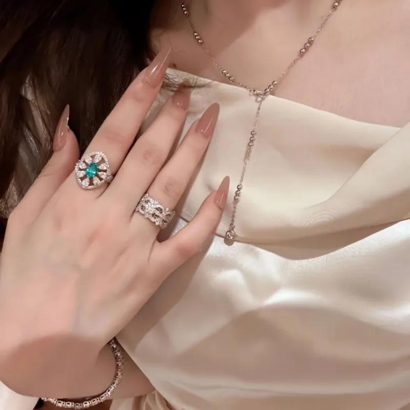 Light Luxury High-end Paraiba Hollow Rings for Women Inlaid Crystal Water Droplet Oval Blue Ring Wedding Jewelry Gift