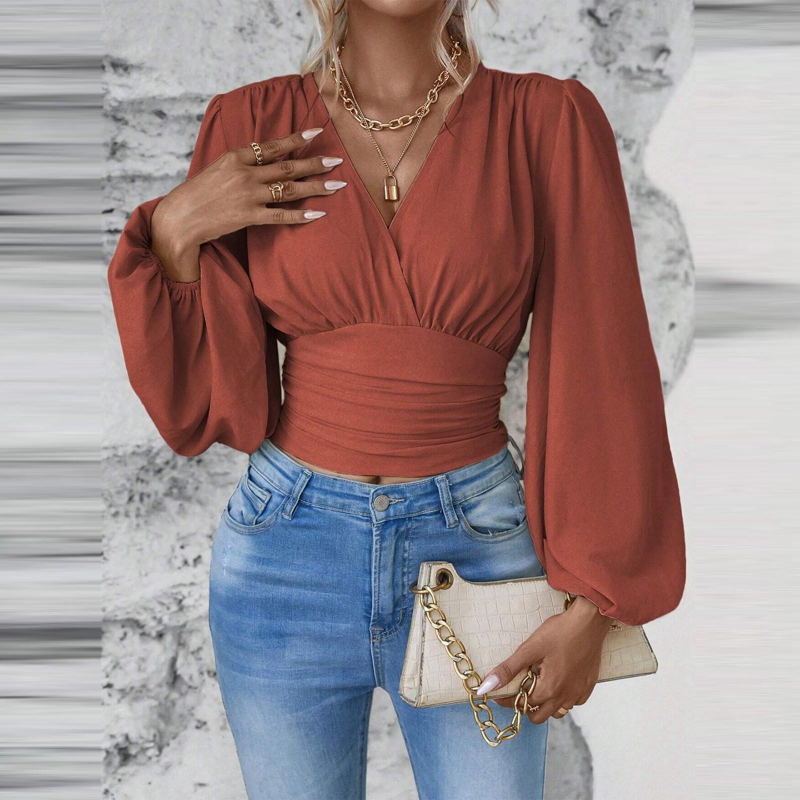 

Женская модная однотонная плиссированная футболка с V-образным вырезом и длинными рукавами S красный