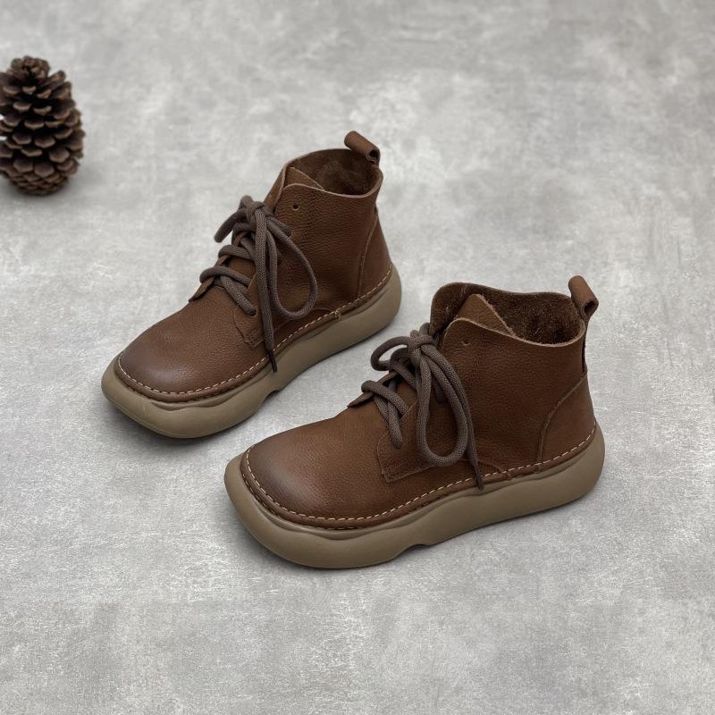 Johnature Retro Oryginalne Skórzane Krótkie Buty Szerokie Noski Sznurowane Skórzane Buty Damskie Miękka Podeszwa