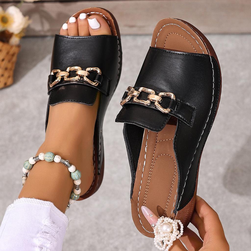 Women Slippers Summer New Metal Button Shoes Wedge Beach Sandals Women Outside Platform Leisure Slippers Slides Women