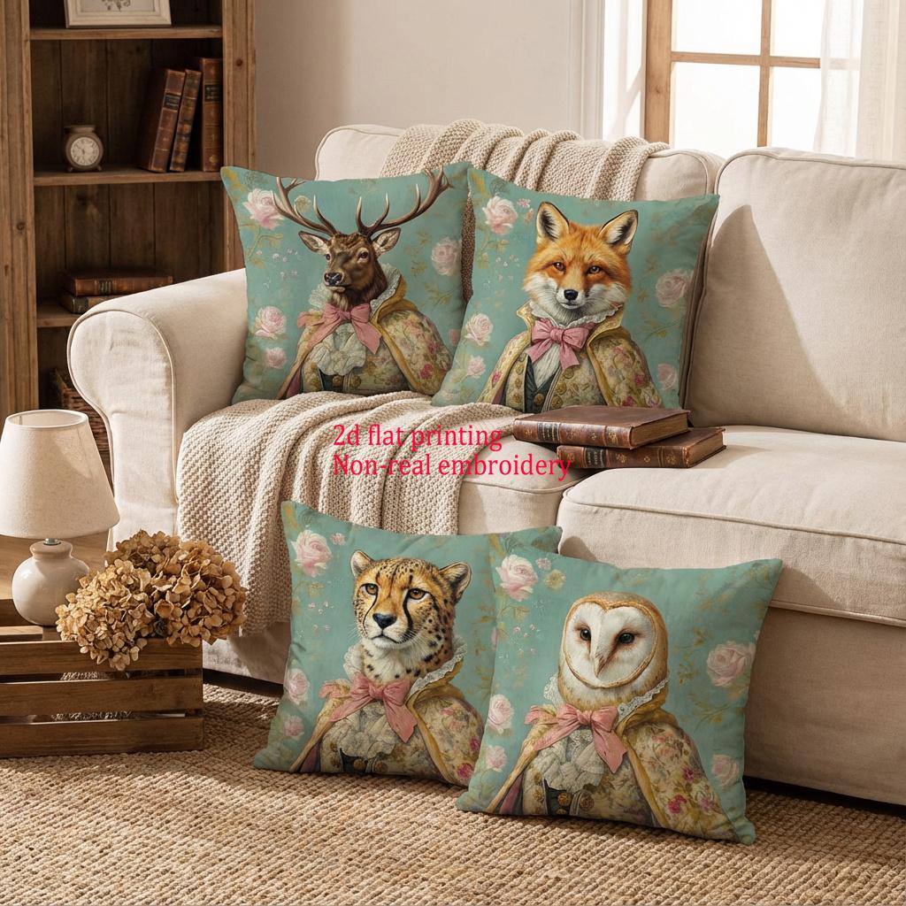 1/4pcs Vintage Royal Animal Portrait Throw Pillow Covers Floral Farmhouse Decorative Cushion Cases Cushion Cover