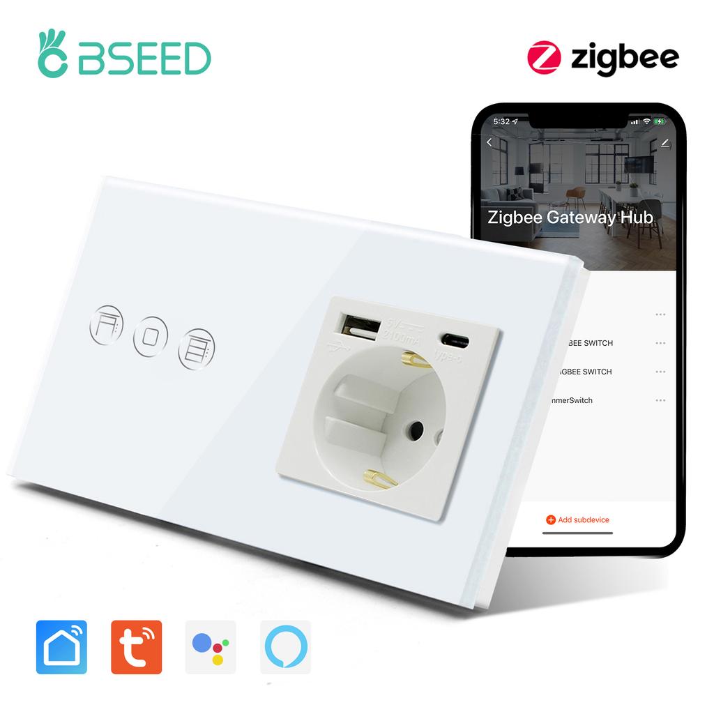 BSEED Zigbee Smart Blinds Switch Electric Roller Shutter Switch With EU Socket USB Type-C Ports Tuya Alexa Smart Life App