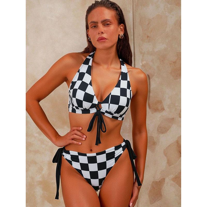 

New Bikini Swimsuit Women s Separate Front Strap Square Grid Sexy Swimwear with Chest Pad No Steel Support L чорний
