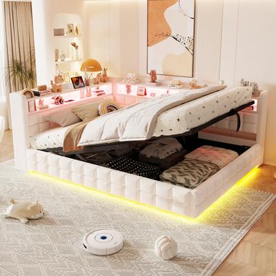 Multifunctioneel Gestoffeerd Bed Slaapbank 140 × 200 cm, Met Hydraulische Opbergruimte, LED Verlichtingsstrip, USB en Type-C Laadpoorten, Velours Stof Beige