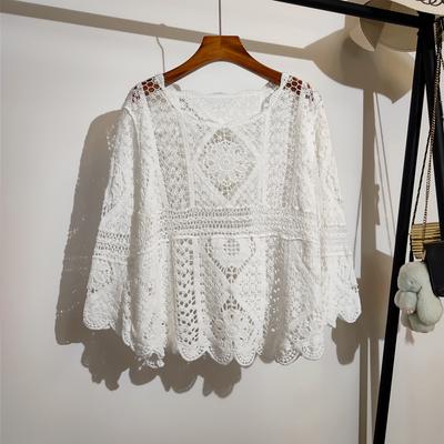 DIMANAF 2025 T-Shirt Damen Strick-Spitzenweste Rundhals Ausgeschnitten Sommerstil Langarm Basis Weiß Oberteile T-Shirts Lockere Kleidung Bei