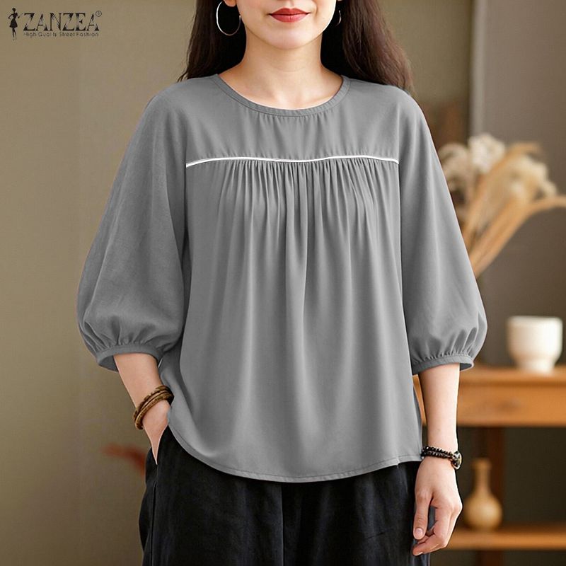 ZANZEA Women Casual Round Neck Loose Half Sleeve Blouse