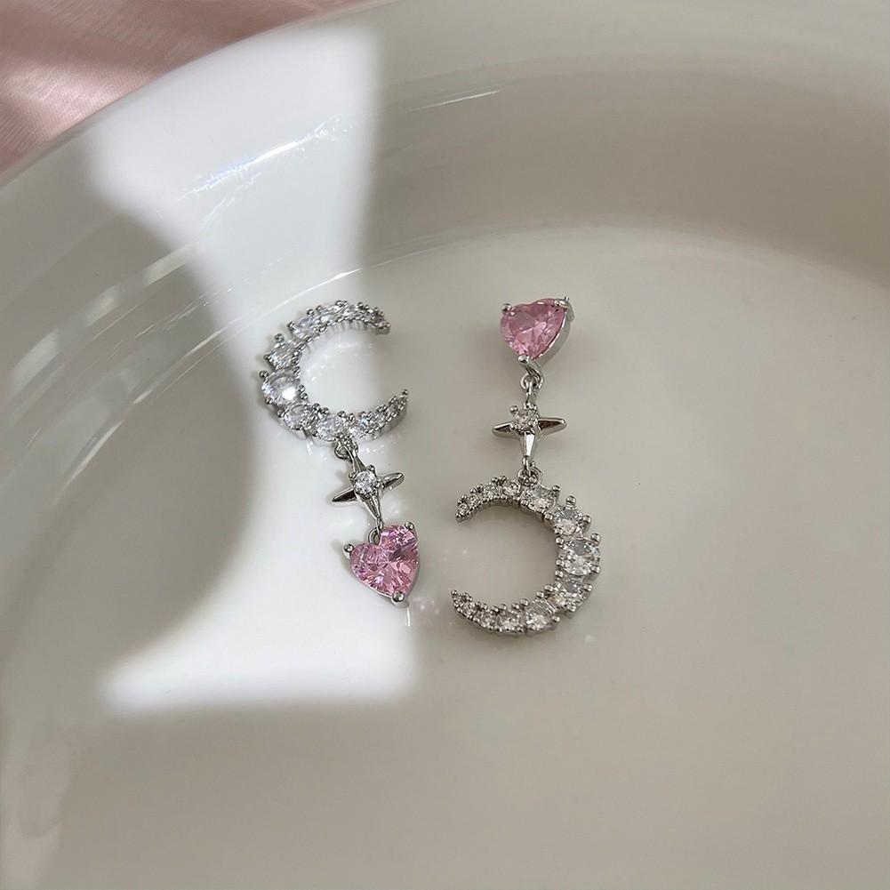 Pink Zircon Heart Bow Earrings for Women with Silver for Everyday Wear