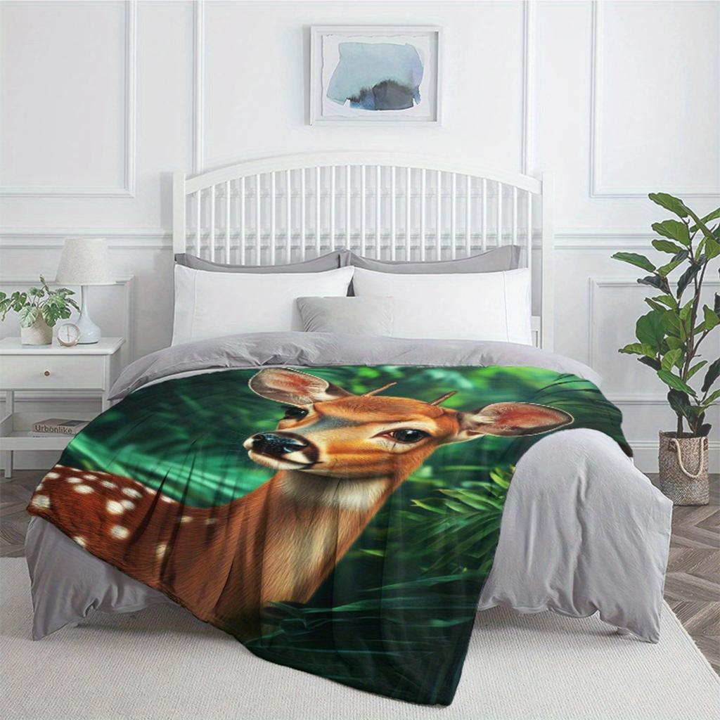 Deer in jungle plush blanket realistic animal print nature theme soft flannel for bedroom or living room