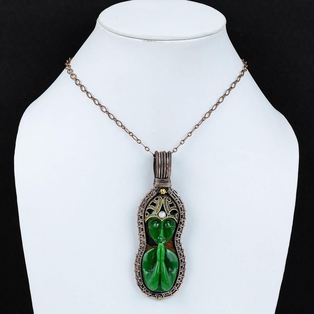 Green Praying Lady Gemstone Pure Copper Wire Wrapped Handmade Pendant Jewelry