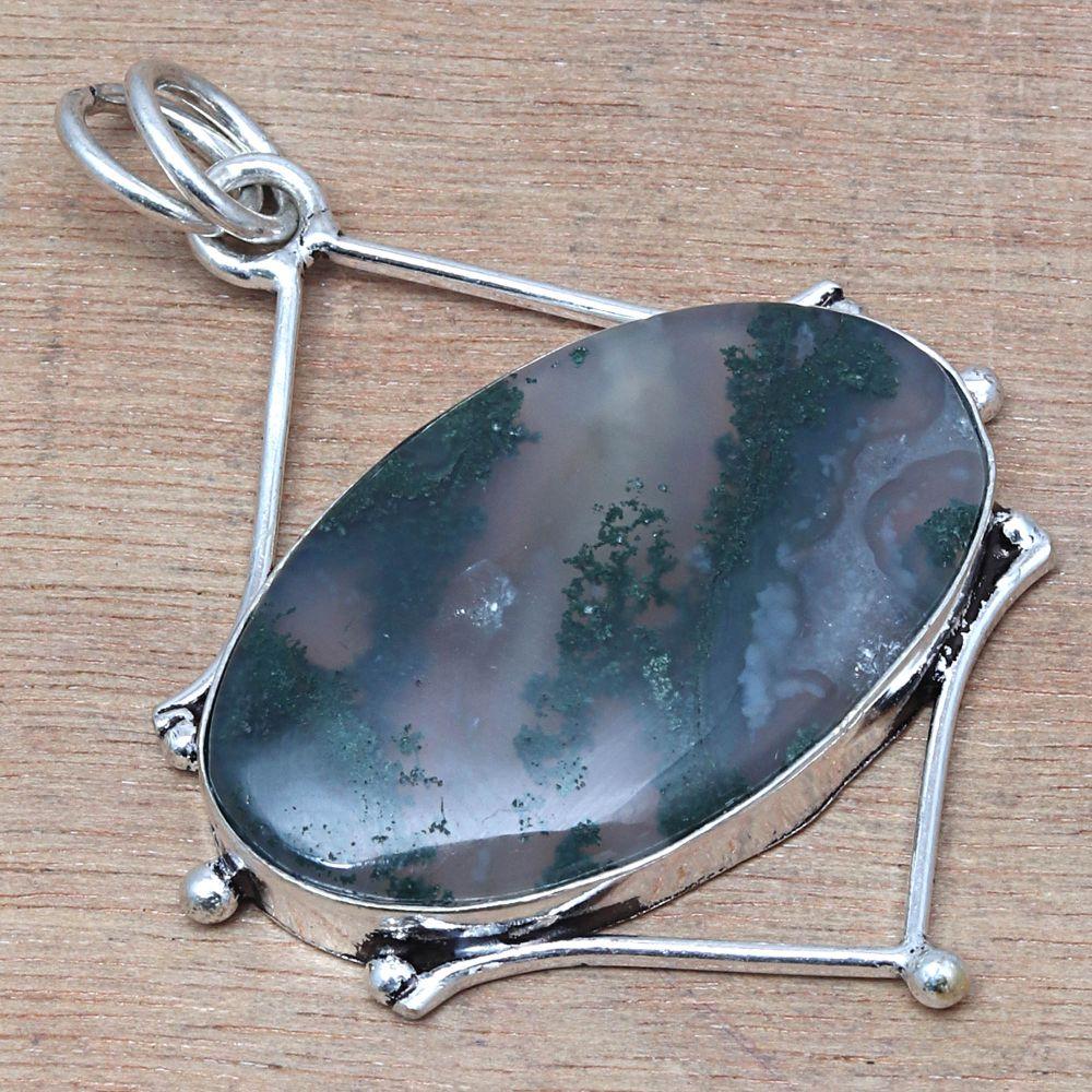 Necklace Moss Agate Gemstone Handmade Antique Silver Jewelry 2"