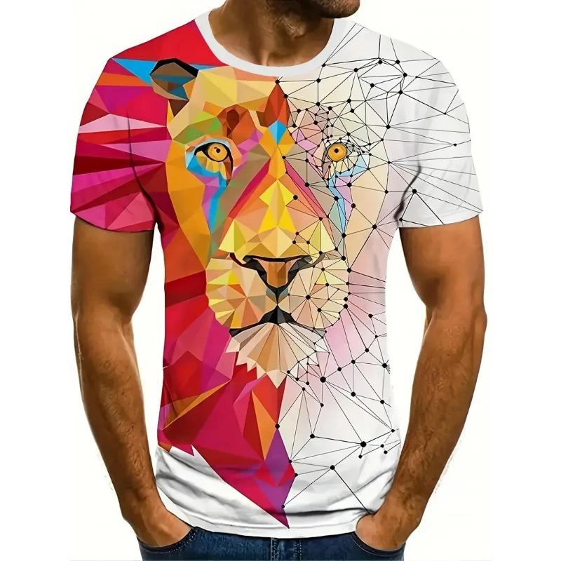Summer Round Neck Animal Lion Pattern 3D Print Top Fashionable Casual Short Sleeved Men's T-shirts