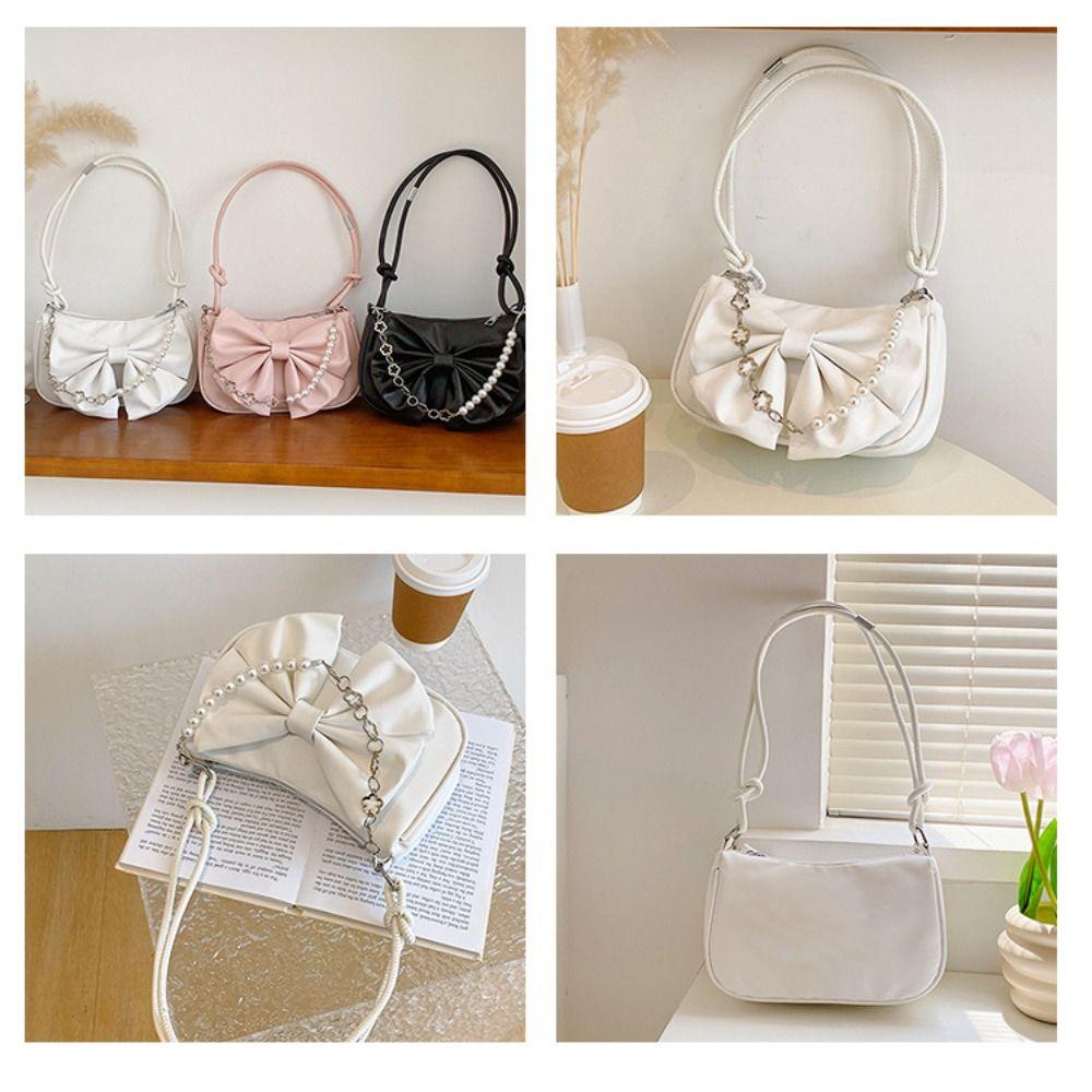 Solid Color Bowknot Shoulder Bucket Bag Korean Style Bow Tote Bag Women Armpit Bag  Office Worker