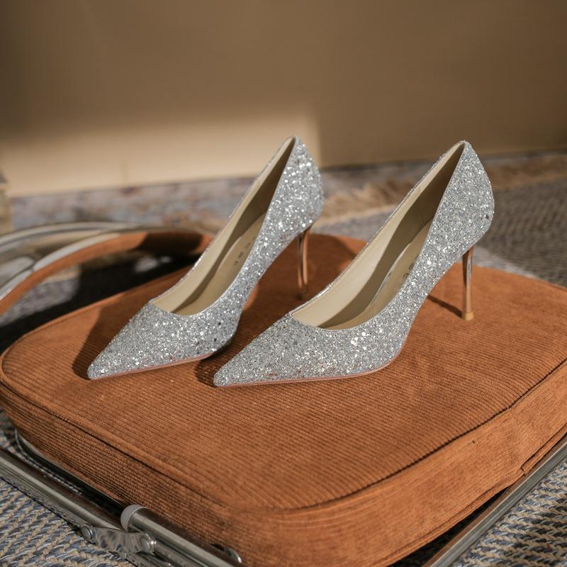 

8819 French pointed high heels women s 2025 new crystal sequined wedding shoes silver bridesmaid shoes stiletto shoes 34