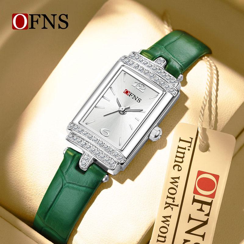 OFNS Women's Luxury Square Leather Strap Watch - Waterproof Quartz with Diamond Detailing