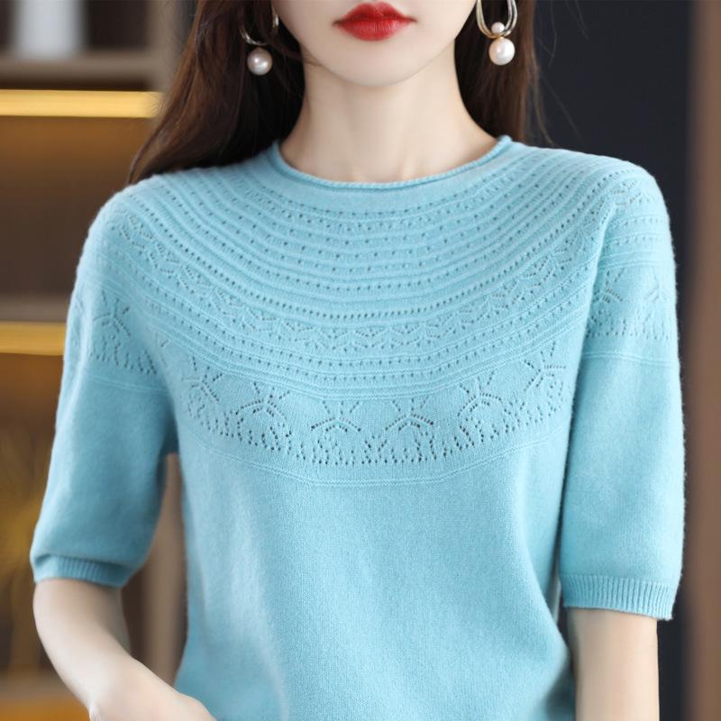 Women's Slim Fit Wool-Cashmere Sweater: Round Neck, Short Sleeve, Ideal for Autumn-Winter Layering
