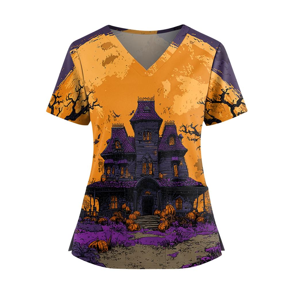 Halloween Print V Neck Short Sleeve Nurse Top with Double Pockets Split Hem Medical Scrub Shirt for Healthcare Workers and Caregivers