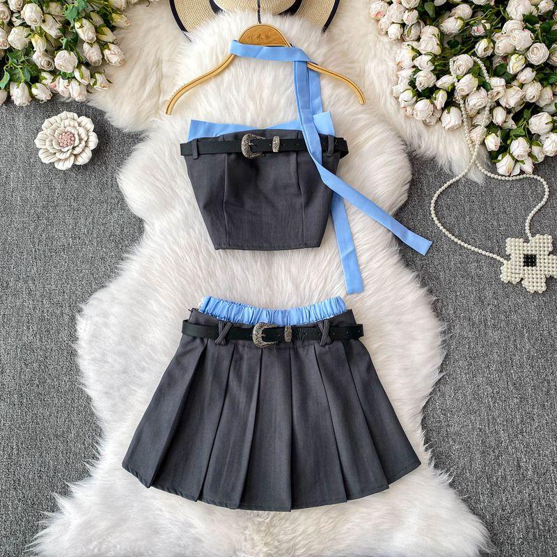 

Western Style Sexy Contrast Ribbon Chest Pad Tube Top Vest Design Ribbon Top + High Waist Pleated Two piece skirt Dark gray XL