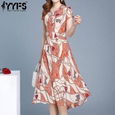 Moda damska Lato Wiosna Kwiatowy wzór Nadruk Krótki rękaw O-neck Wysoka talia Sukienki codzienne