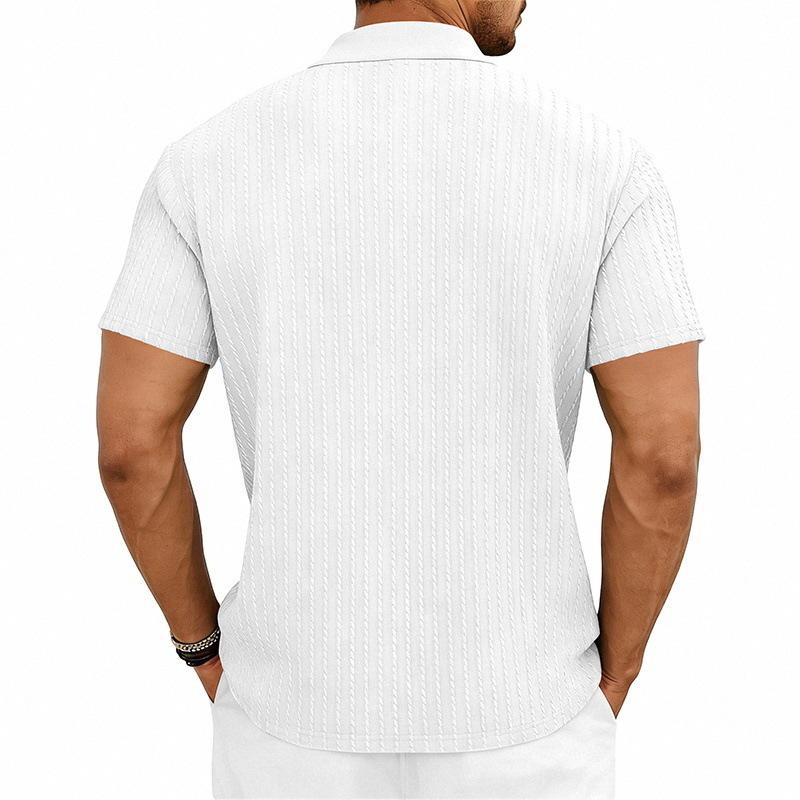 Men's Textured Vertical Stripe Polo Shirt - Summer Short Sleeve Lapel Tee, Breathable & Casual