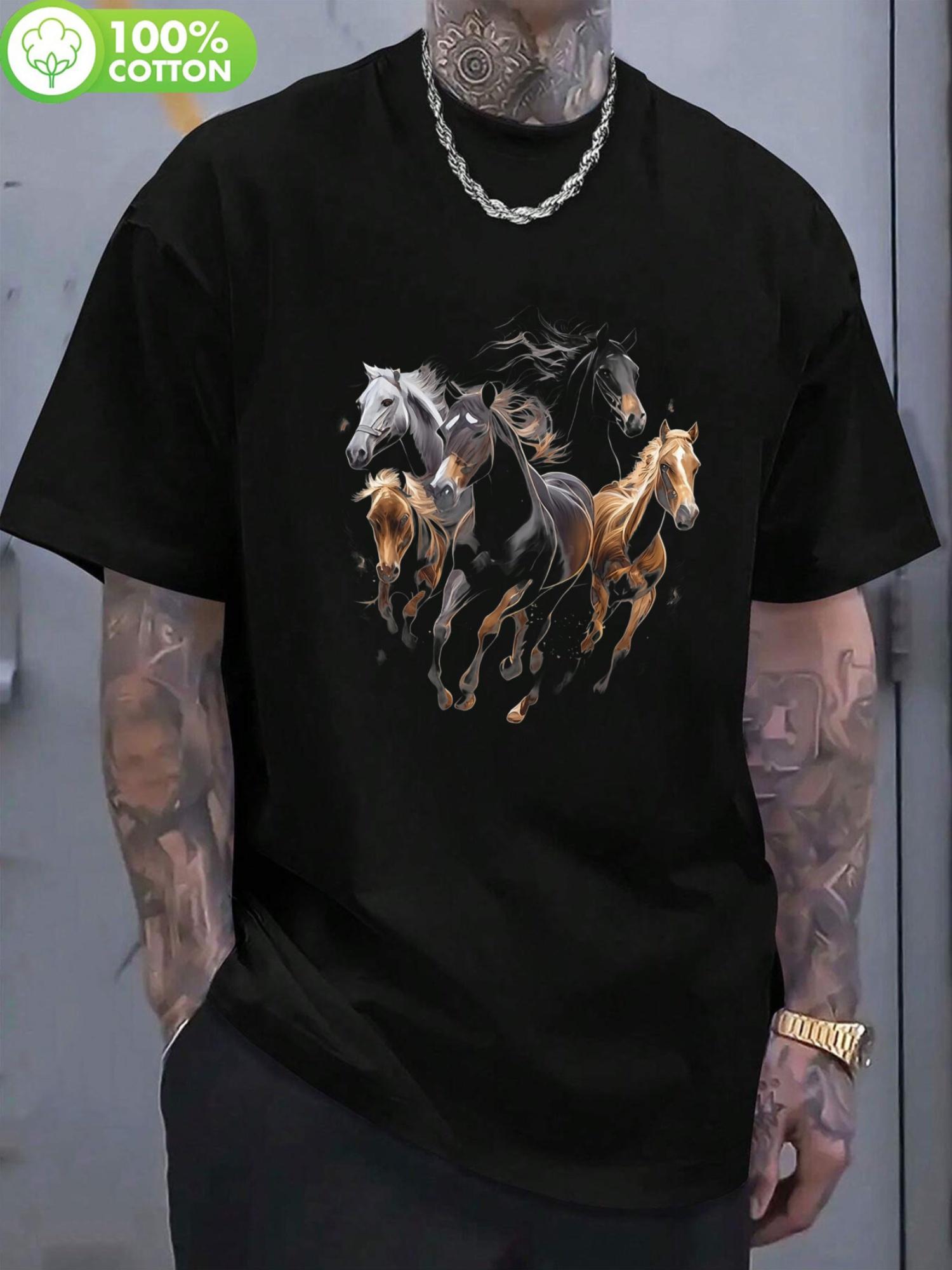 1pc Unisex Horse Collage Graphic T-shirt - 100% Cotton Crew Neck XXXXL