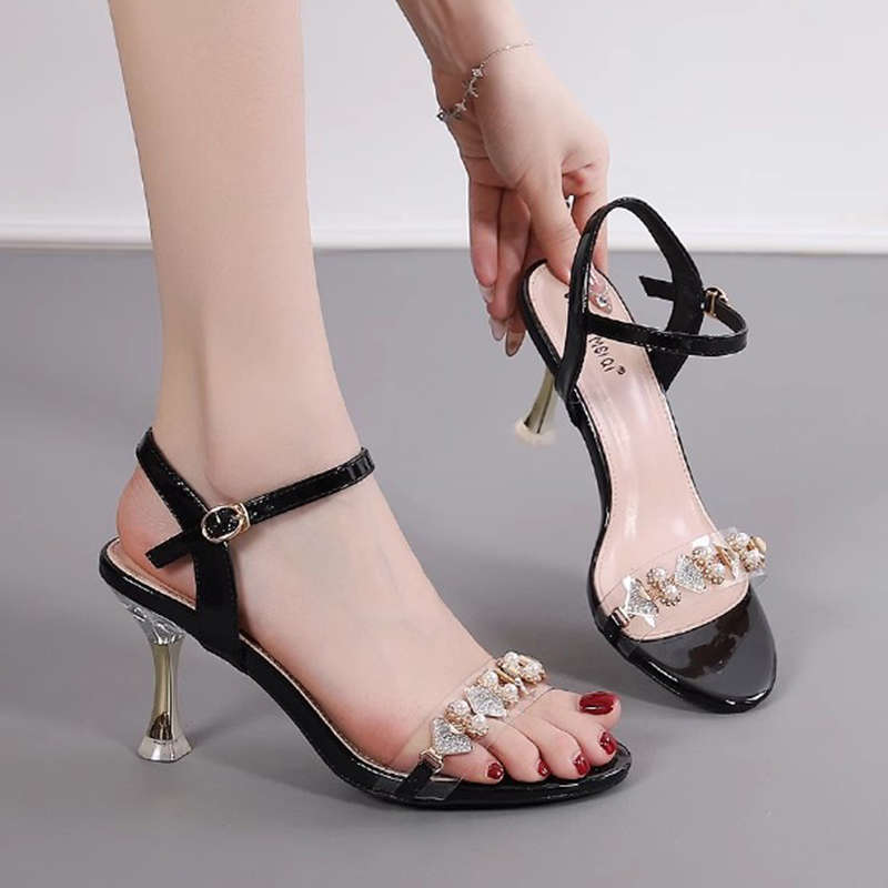 One-word buckle with rhinestone open-toed sandals for women's summer wear 2025 new fashion soft leather French stilettos for women