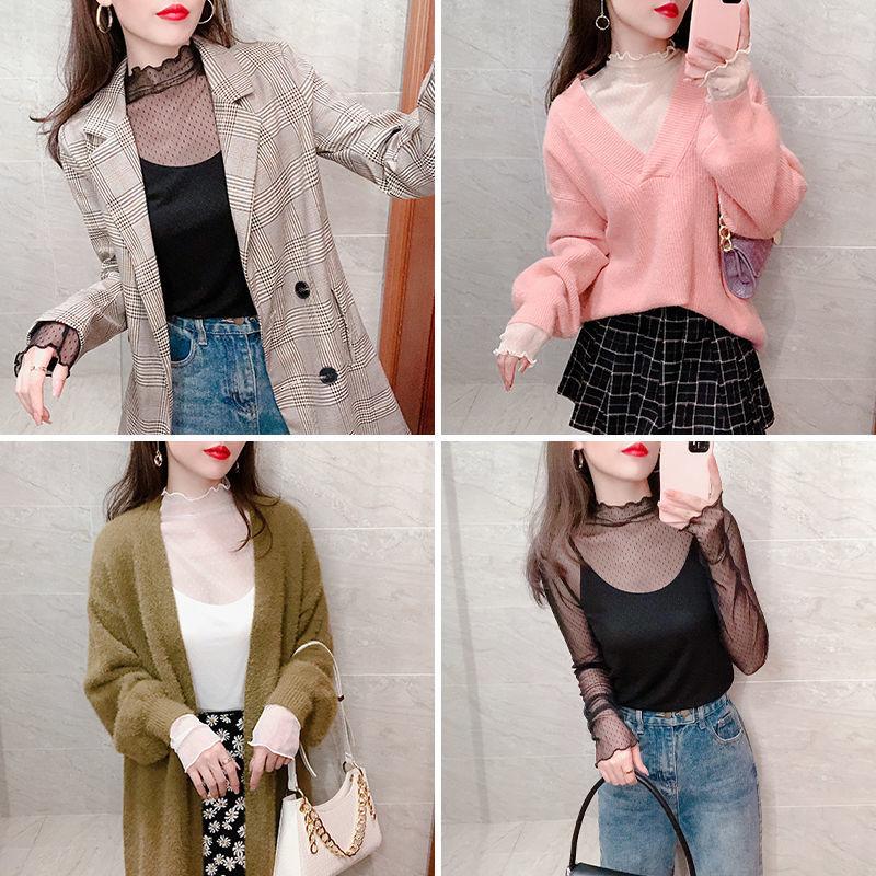 Half High Collar Mesh Base Sweater for Women In Autumn and Winter with A Pile of Collars and Gauze Underneath Sexy Lace Top