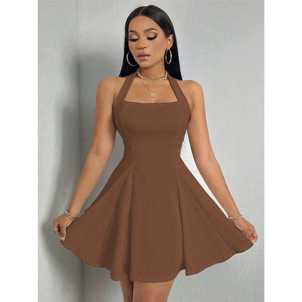 Women's Halter Neck Sleeveless Dress Sexy Pink Short Dress