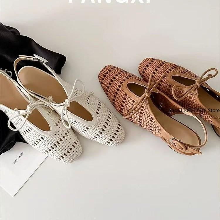 Fashion 2025 Summer Hollow Woven Breathable Shoes Women Sandals Bow Pointed Toes Leather Shoes Summer Flat Casual Sandals Rome Shoes