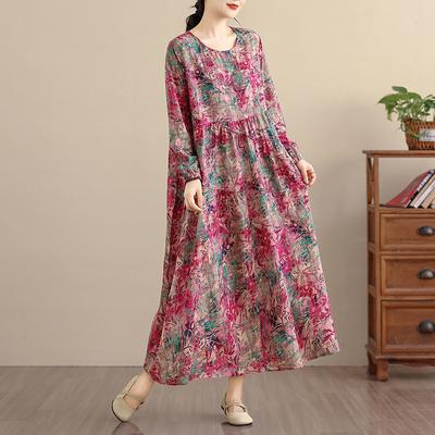 DIMANAF New 2025 Women Plus Size Spring Long Dress Loose Basic Vintage Oversize Long Sleeve Maxi Floral