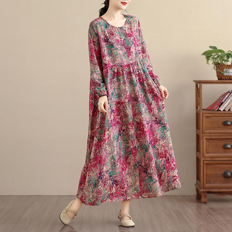 DIMANAF Nuovo 2025 Donna Taglie Forti Primavera Abito Lungo Morbido Base Vintage Oversize Manica Lunga Maxi Floreale