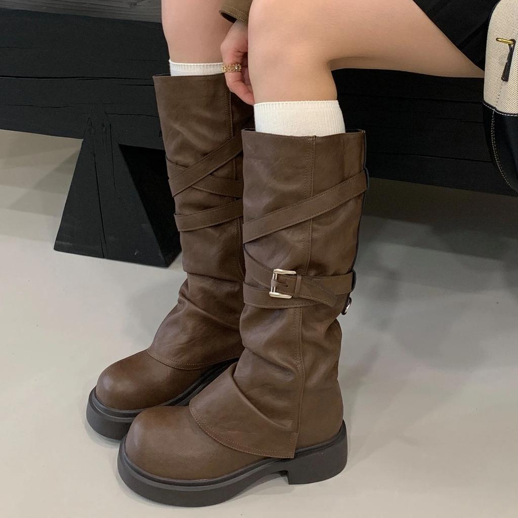 Eilyken Autumn Winter Punk Style Belt Buckle Women Knee High Boots Fashion Round Toe Square Low Heels Long Shoes