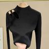 Women Fall Winter Top Thick Knitted Half-high Collar Long Sleeve Slim Fit Solid Color Hollow Out Elastic Pullover Soft Warm One Size Lady Sweater