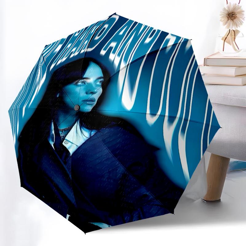 Singer Billie Eilish1 Print Automatic Umbrella, 8 Rib Iron Frame, Plastic Handle, Suitable for Outdoor Travel &Daily , Ideal Gift