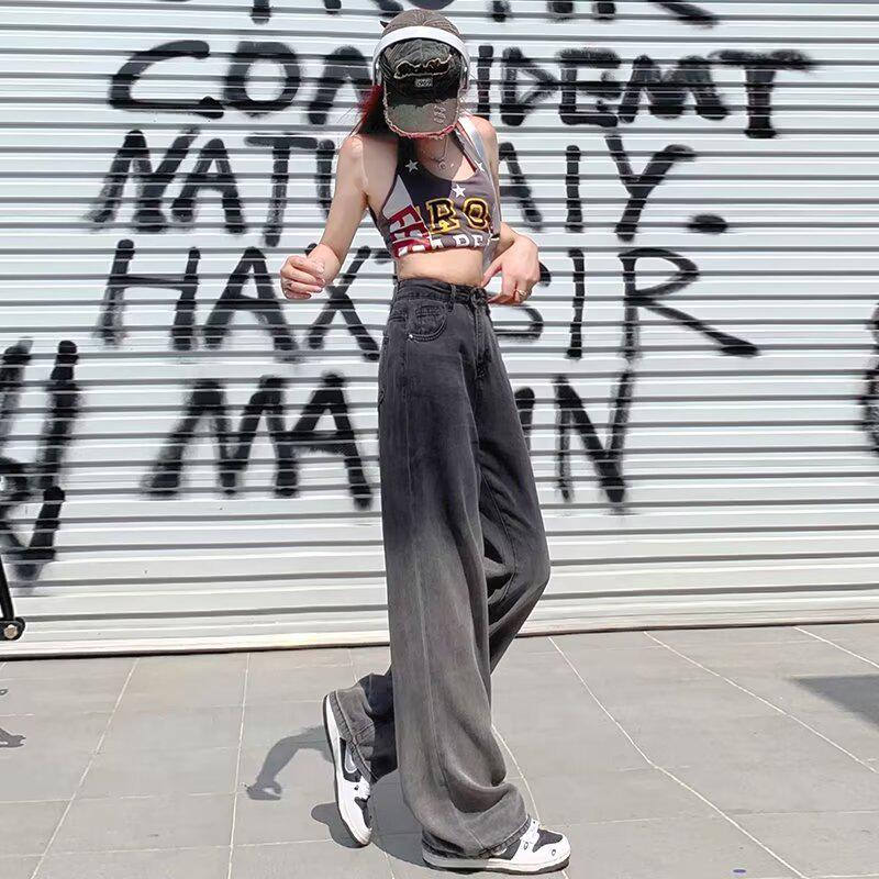 

Женские широкие джинсы с высокой талией и градиентом черного цвета (Летняя коллекция 2024 г.) XL черный серый