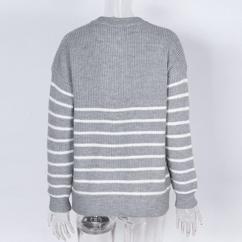 Striped Sweater Women Knitted Pullovers Autumn Winter Fashion Zipper Jumpers Long Sleeve Half High Collar Loose Pullover