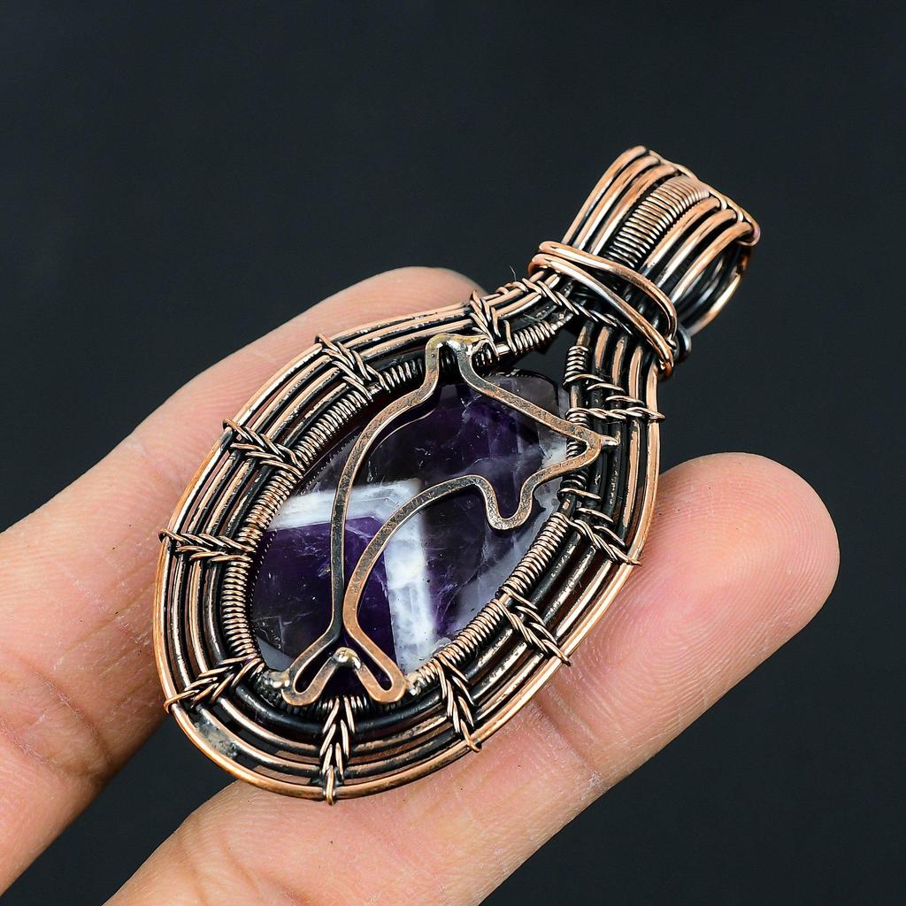 Handmade Amethyst Chevron Crystal Wire Wrapped Pendant Antique Copper Tree/Dolphin Motif Necklace Jewelry for Women & Men Unique Spiritual Gift