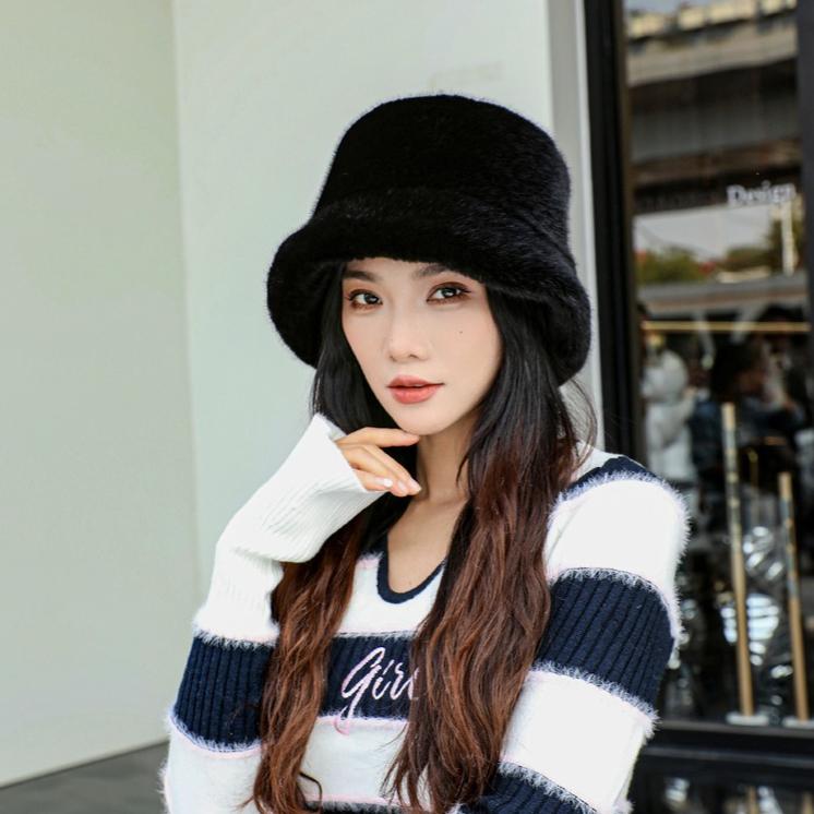 New Imitation Mink Bucket Hat Women's Winter Velvet Thickened Thermal Ear Protection Hat Basin Hat Plush Hat