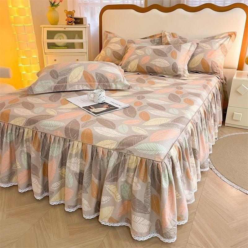 3pcs Printing Ruffled Edge Soft Comfortable Breathable Bed Skirt Set All-season Availability,  Mattress Cover, Printing Bedding Set, for Bedroom