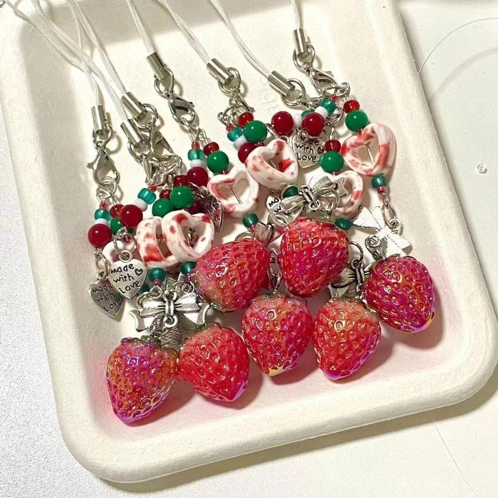 Bag Hanging Strawberry Keychain Pendant Sparkling Car Keyring Creative Beaded Phone Lanyard  Girls