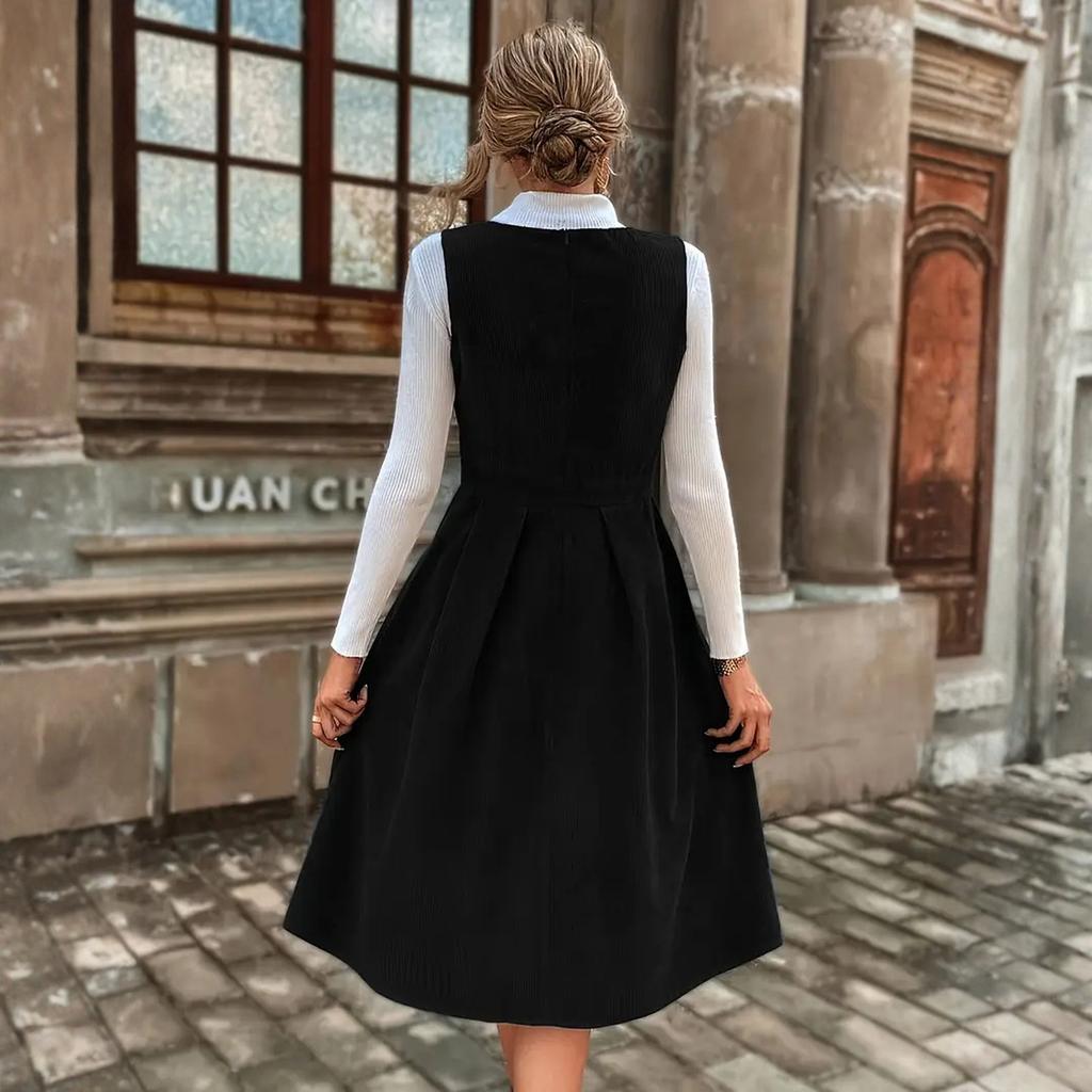 Women's Fashionable And Elegant V-Neck Corduroy Suspender Dress