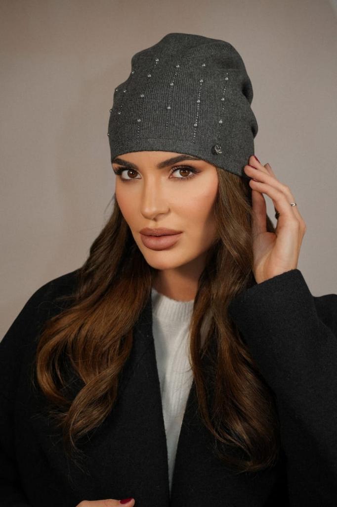 Women' Cap with Pearl Decoration, Graphite Color, Kamea - Altair
