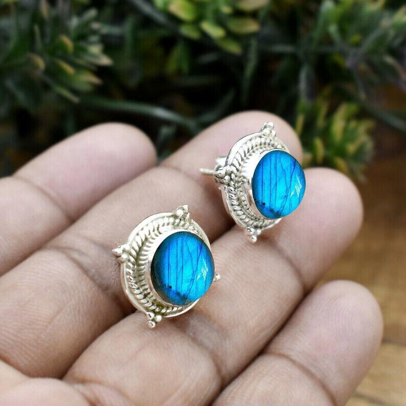 Labradorite Earrings Stud | Round Stud Earrings | Labradorite Stud Earring