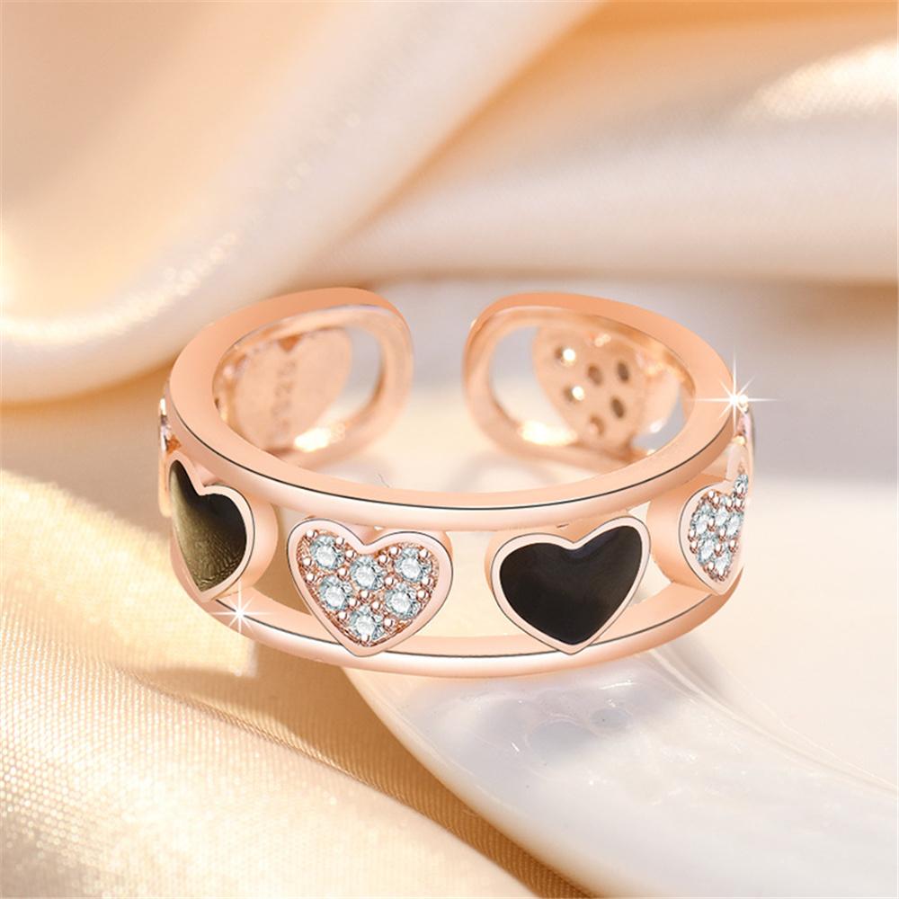 Elegant Female White Zircon Black Stone Heart Adjustable Open Ring Vintage Rose Gold Silver Color Wedding Jewelry For Women
