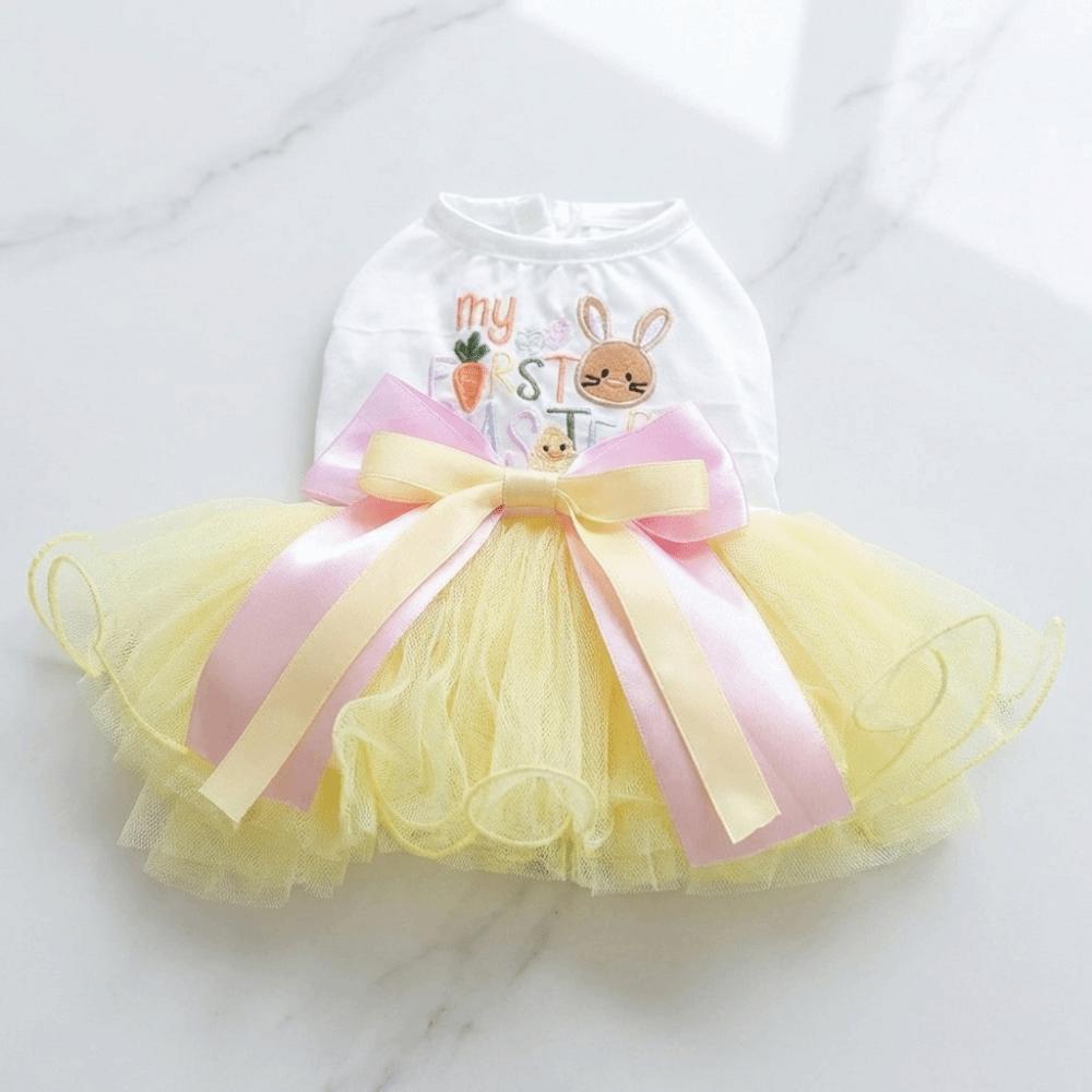 Bowknot Easter Dog Puffy Skirt Summer Rabbit Pattern Pet Princess Dress Tutu Style Breathable Dog Mesh Fluffy Skirt Photo Outfit