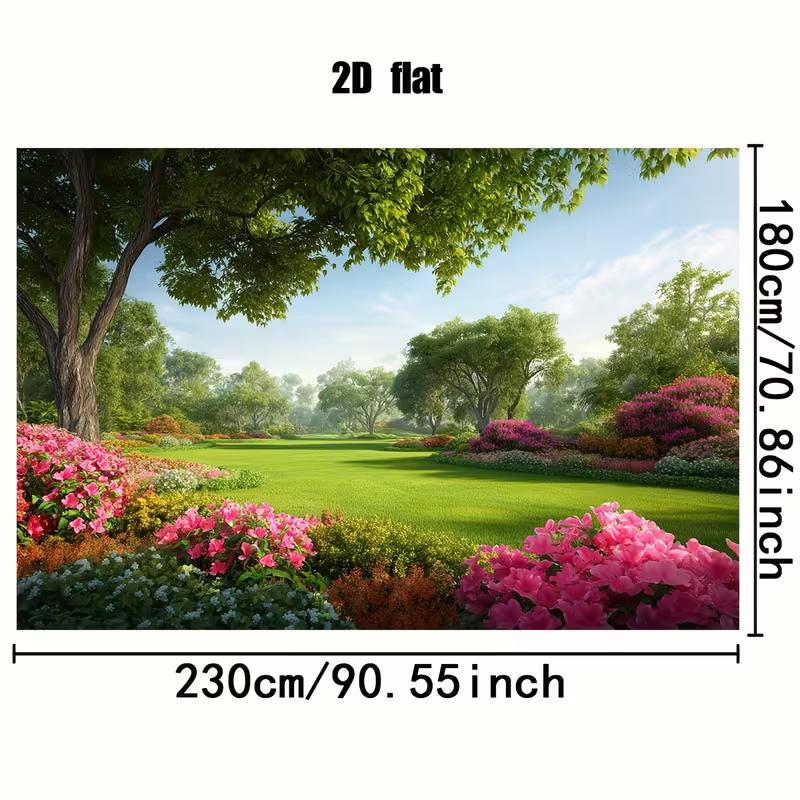 2D Vibrant Spring Park Backdrop Green Trees & Pink Azaleas Photo Background