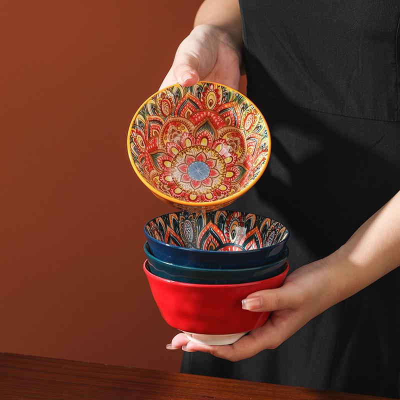 Bol de orez ceramic boem retro de 5" cu picior înalt - Bol de uz casnic monocolor