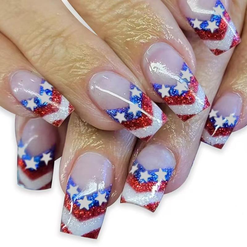 

Square Press on Nail 4th of July Fake Nail Independence Day Glues on Nail Patriotic False Nail Full Cover Fake Nail 1