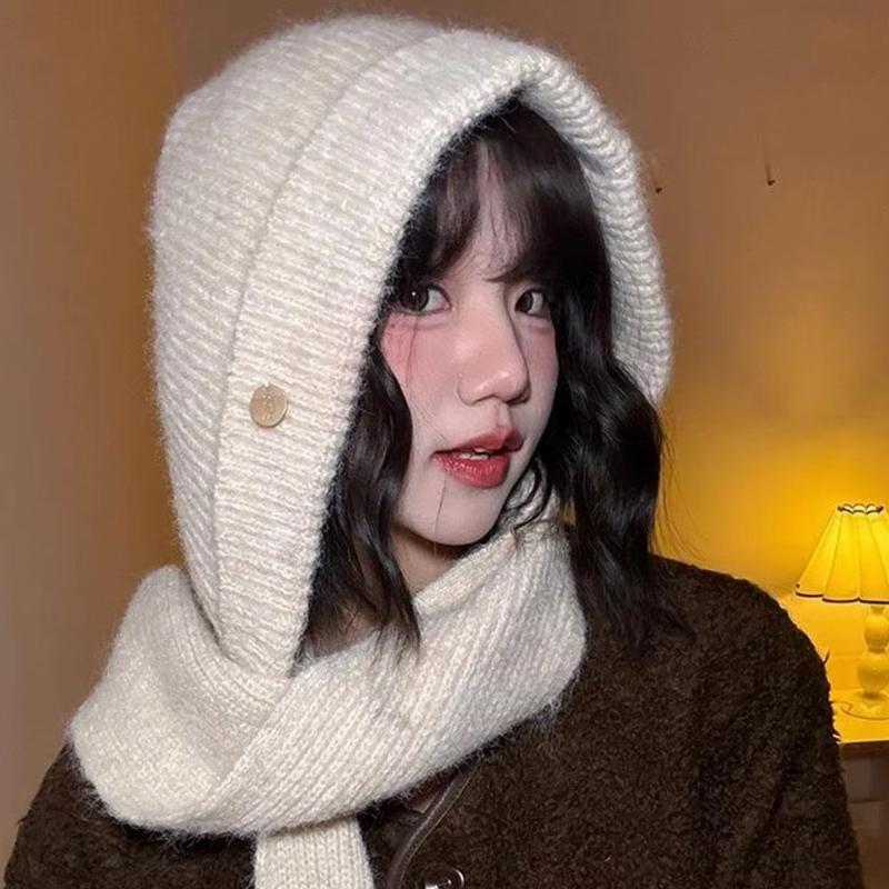 Winter New Women's Solid Color Knitt Hat Scarf One-piece Balaclava Hat,Thickened Warm and Cold Proof Suitable for Outdoor,skiing