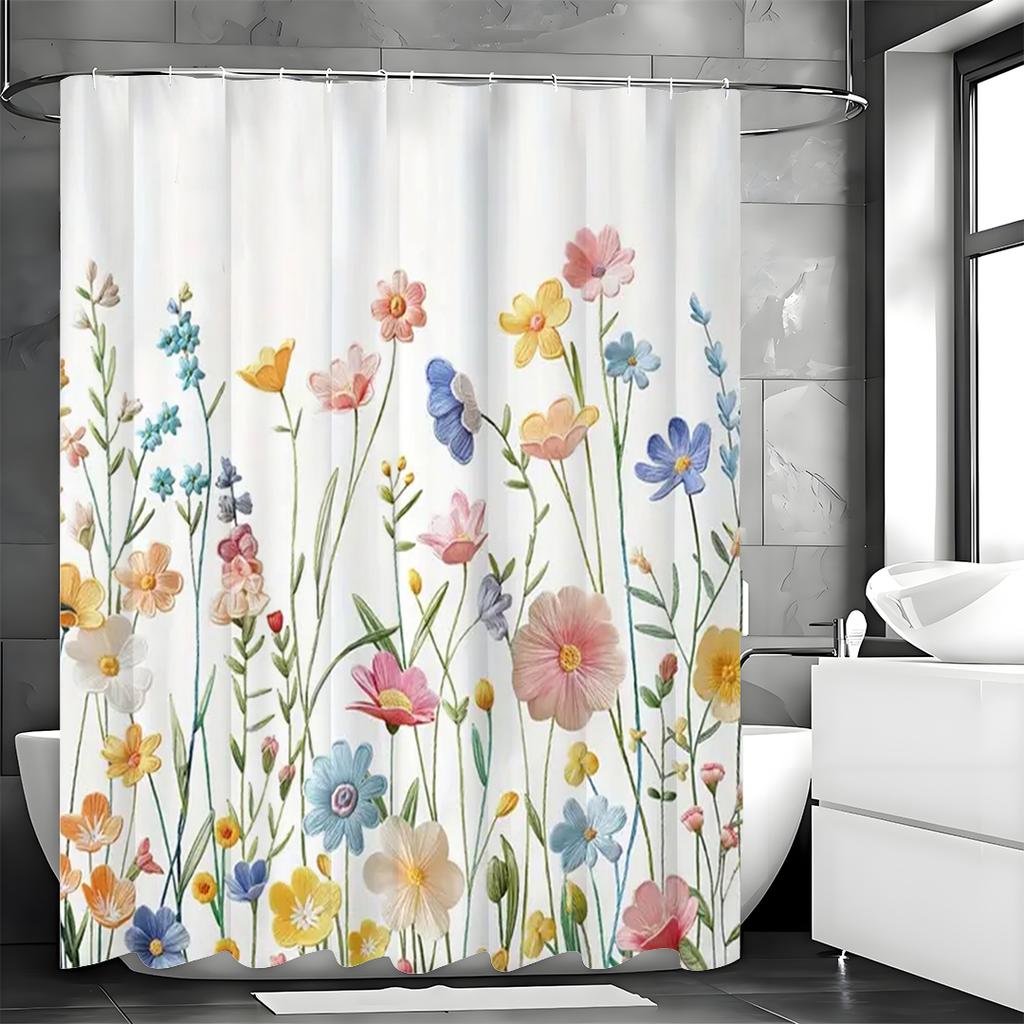 Floral and Watercolor Design Shower Curtain Set with Hooks, Home Decor, Bathroom, Bathtubs, Easy Care,